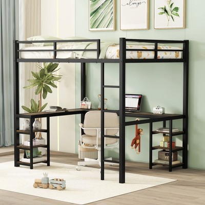 NicBex Full Size Bunk Bed with "L" Shape Desk Metal Frame Bed Frame with 2 Storage Shelves, Guardrails and Ladders, No Box Spring Required, Black