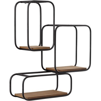 Newhill Designs Jasper Matte Black and Brown Tri-Stacked Square Wall Shelf