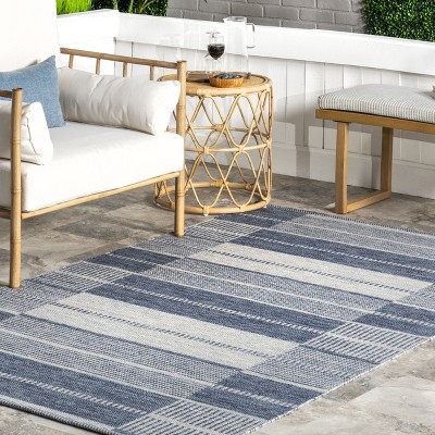 Blue and White Striped Synthetic Indoor/Outdoor Rug, 5' x 8'
