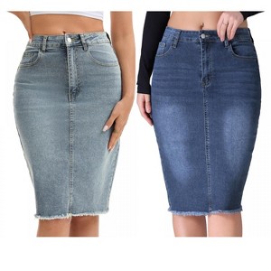 INSPIRE CHIC Women's Raw Hem High Waisted Pockets Stretch Knee Length Jean Denim Skirt 2 Packs - 1 of 4