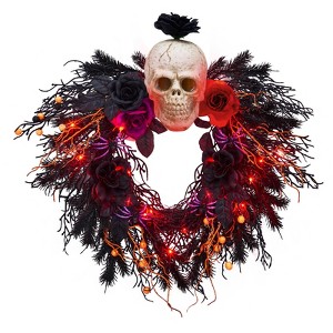 22 Inch Halloween Wreath, Door Wreath with Black Flowers, Artificial Wreath With 20 Led Lights - 1 of 4