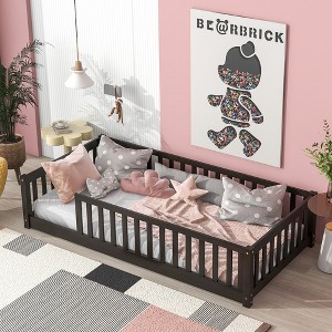 Whisen Twin Bed & Rubber Wood Floor Bed with Fence without Door, Multi - Functional Floor Bed for Kids' Sleep & Play - 1 of 4