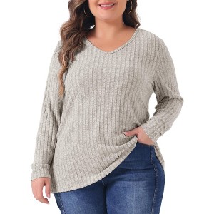 Agnes Orinda Women's Plus Size V-Neck Long Sleeve Basic Ribbed Pitted Brushed Casual Tunic Blouses - 1 of 4