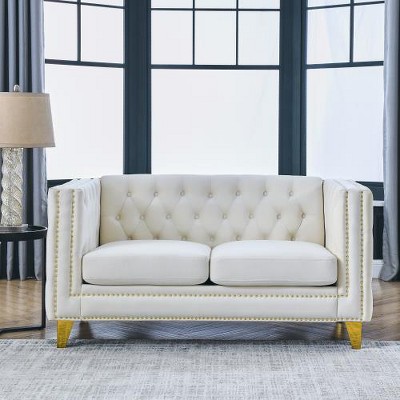 SYFERLORY Velvet Sofa for Living Room,Buttons Tufted Square Arm Couch,  Beige
