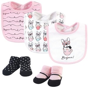 Hudson Baby Infant Girl Cotton Bib and Sock Set 5pk, Pink Bonjour, One Size - 1 of 4