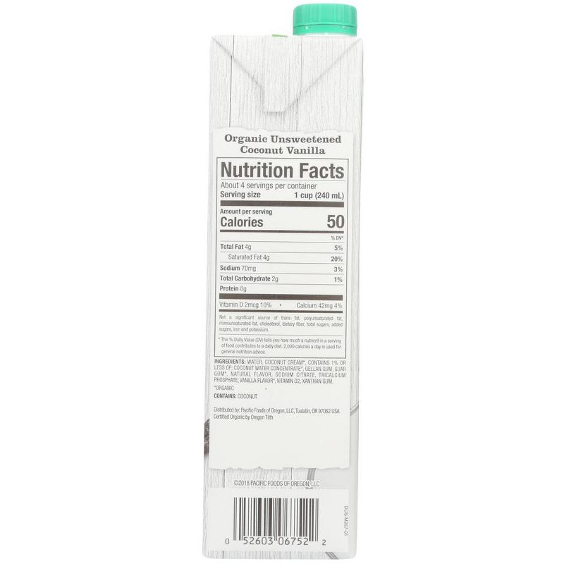 Pacific Foods Organic Unsweetened Vanilla Coconut Plant-Based Beverage - Case of 12/32 oz, 4 of 8