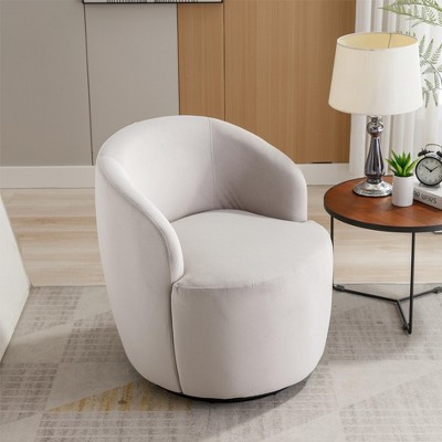 25.6"Swivel Accent 360°Swivel  Armchair Barrel Chair With Black Powder Coating Metal Ring，White+Velvet