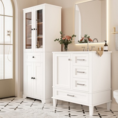 Bathroom vanity with sink and a separate tall cabinet in white