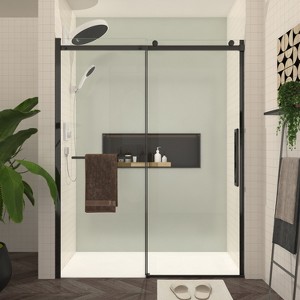 DOMETOUR 56-60'W x 76'H Frameless Sliding Shower Door S-RM6076TB, Matte Black Hardware, Towel Bar & Handle - 1 of 4