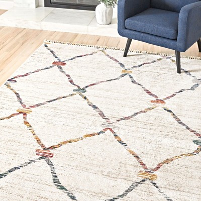 Ivory and Multicolor Synthetic Tufted Rectangular Area Rug, 6' x 9'