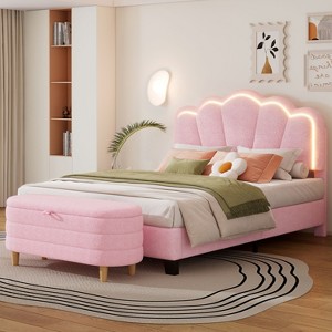 NicBex Full Upholstered Bed Frame with Ottoman and Elegant Flower-Shaped Headboard,Adjustable Headboard with LED Lights,Easy Assembly,Pink - 1 of 4
