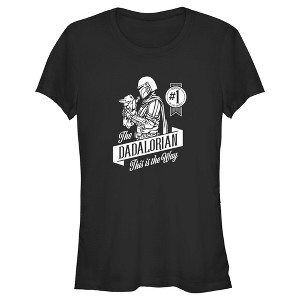 Juniors Womens Star Wars: The Mandalorian Grogu and Din Djarin Dadalorian Banner Sketch T-Shirt - 1 of 4