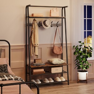 Coat and Shoe Rack, Coat Stand with Shoe Storage Bench, Wood and Metal Frame, with Hooks, a Clothes Rail, for Hallway, Entrance, Bathroom - 1 of 4