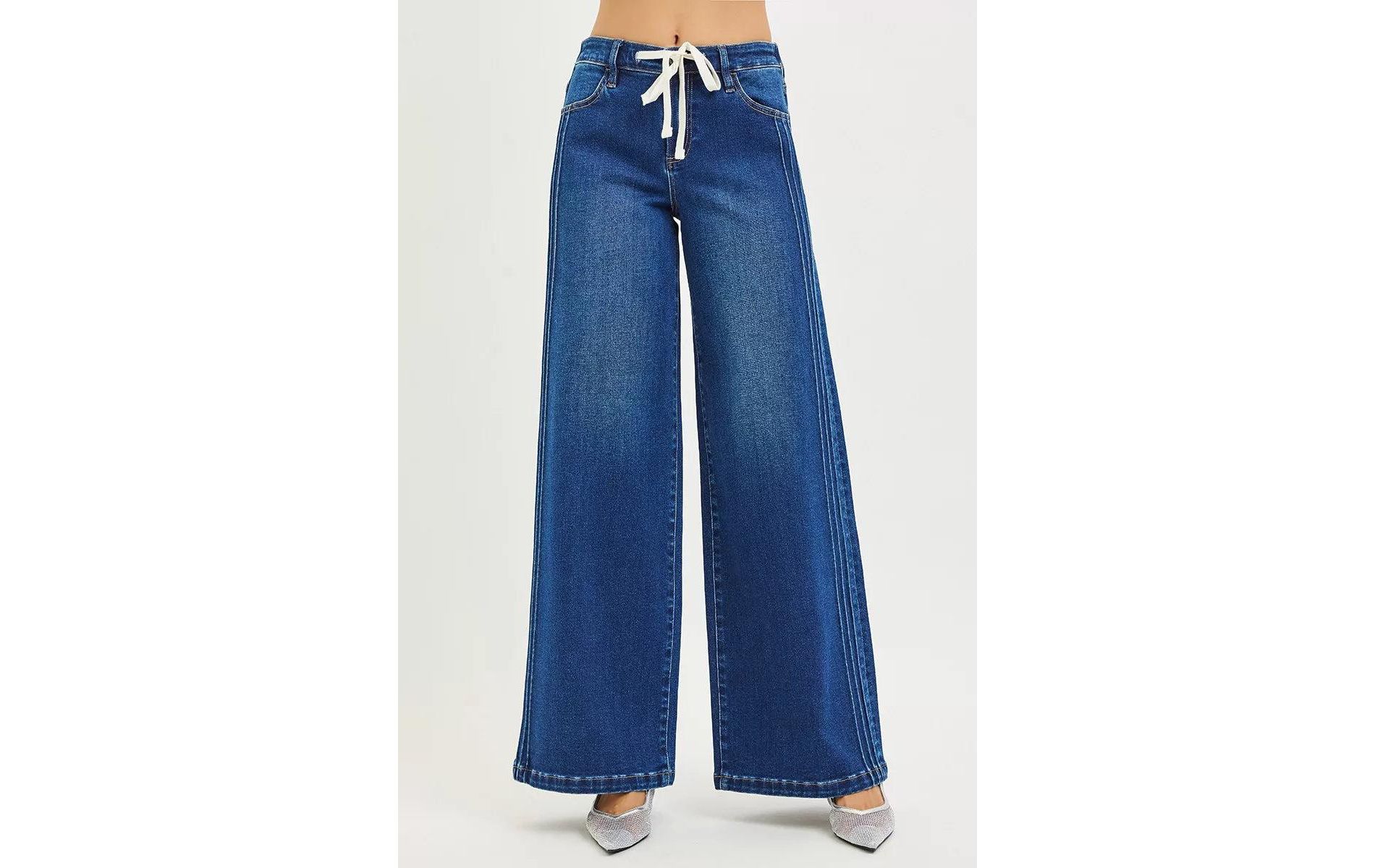 RISEN Full Size Mid Rise Wide Side Pintuck Jeans with Front Drawstring Plus Size