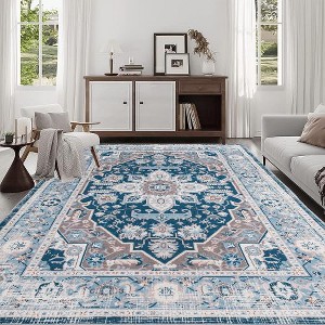 Kumasinova Vintage Boho Area Rug, Washable Rug with Floral Pattern, Faux Cashmere Living Room Rug, Non-Slip Rugs, Stain-Resistant Door Mat - 1 of 4