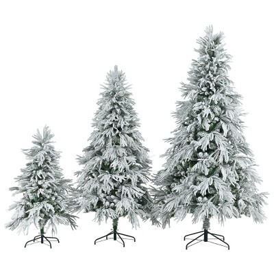 SEVOBAL Set of 3 Pre-Lit Christmas Tree Prelit Artificial Snow Flocked Pine Artificial Premium Holiday Decoration Home, Green, 33.5"*12"*11.5"