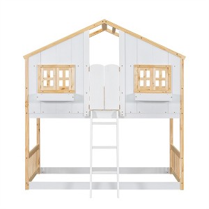 COWLOWN Twin over Twin House Bunk Bed with Roof Window Door Safety Guardrails Ladder Low Height Pine Wood Design - 1 of 4