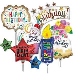 LoonBalloon 14 Inch Birthday Theme Minishape Stick Balloons (16 Pack)- Pre-Inflated - 1 of 3