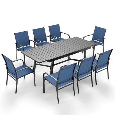 Captiva Designs 9pc Patio Slat-top Adjustable Steel Rectangle Table & Textilene Chairs
