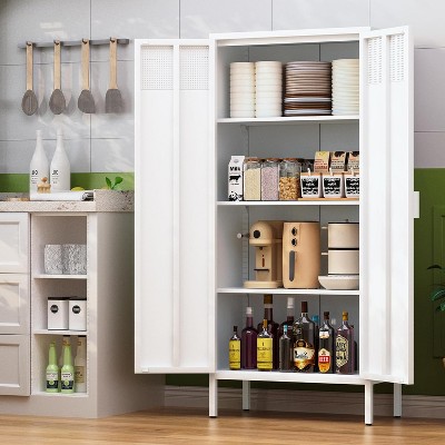 The metal food storage cabinet, 61 inches high, is equipped with adjustable shelves and is suitable for homes and kitchens.(white)
