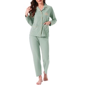 INSPIRE CHIC Women's Lounge Set Cotton Ribbed Button Up Long Sleeve Pants Pattern with Pocket Pajama Set Loungewear - 1 of 4