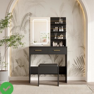 Vanity Desk Set w/ Mirror and Lights Makeup Vanity w/ 2 Drawers & Open Storage Shelves - 1 of 4