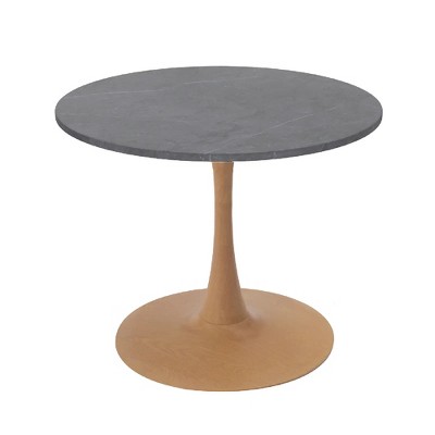 LeisureMod Bristol 27" Round Dining Table with Sintered Stone Top and Natural Wood Steel Pedestal Base for Modern Kitchen and Dining Room