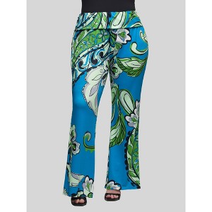 24seven Comfort Apparel Plus Size Teal Paisley Print Bell Bottom Foldover Waist Pants - 1 of 4