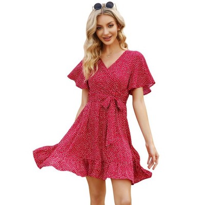 Casual Red Dresses for Women Summer Wrap V Neck Bell Sleeve High Waist Boho Polka Dot Print Wedding Guest Mini Dress