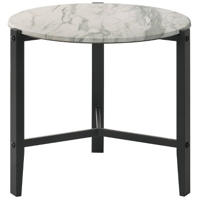Round White Faux Marble and Black Metal End Table