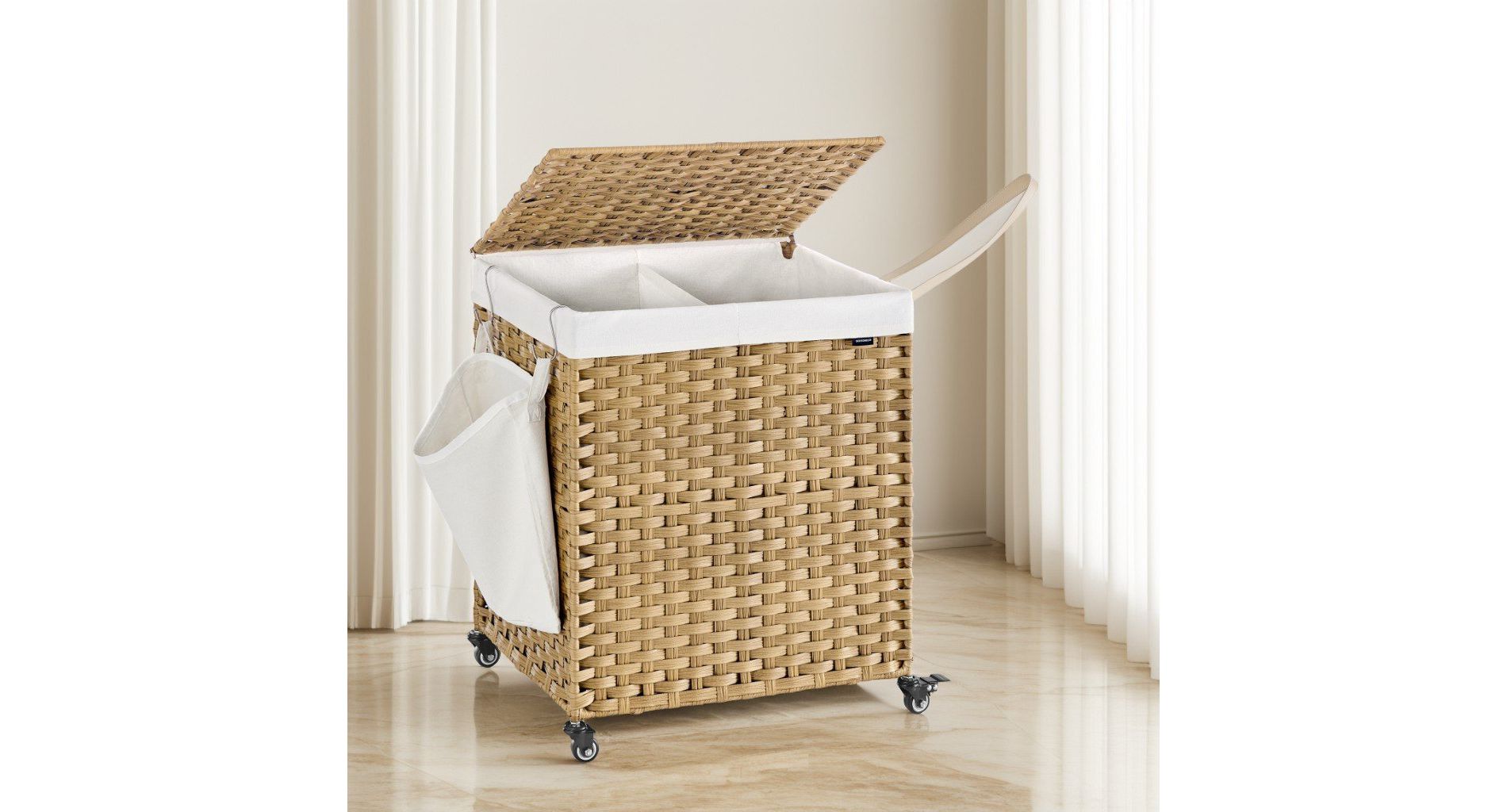LEDREM 3 Section Laundry Hamper with Lid, Rolling Wicker Laundry Basket, 42.3 Gal., 22 x 15.7 x 26 Inches, Yellow