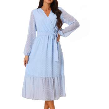Seta T Women's Swiss Dots Maxi Long Sleeve V Neck Boho High Waisted A-Line Dress