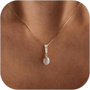 14K Gold Plated Bridal Necklace: Dainty Pearl & CZ Pendant, Classic Wedding Gift for Women - 1 of 4