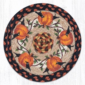 Earth Rugs Pumpkin Crow Printed Round Trivet – 10"x10" Braided Jute Autumn Hot Pad with Primitive Folk Art Harvest Design - 1 of 3