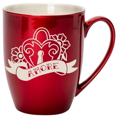 100 North Floral Heart 10 Ounce Cardinal Red Metallic Finish, Comfortably Fits Your Hands, New Bone China Coffee Tea Cup Mug, Amore