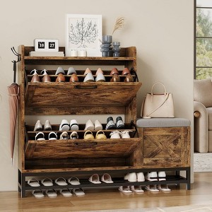Shoe Cabinet with Bench, Farmhouse Narrow Slim Shoe Storage with 2 Flip Drawers - 1 of 4