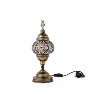 Kafthan 14.5 in. Handmade Multicolor Center Circle Mosaic Glass Table Lamp with Brass Color Metal Base