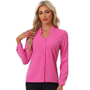 Allegra K Women's Elegant V Neck Work Office Button Up Shirt - 1 of 4