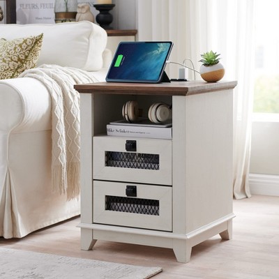 OKD 18'' Nightstand with Charging Station & 2 Drawers, Square End Table