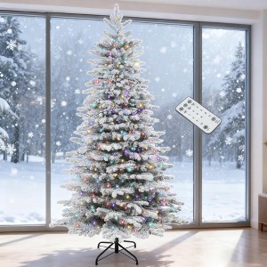 QingMoon 6.5FT Snow Flocked Christmas Tree, Artificial Hinged Pine Tree with 990 Lush Branch Tips and 2 Control Ways for Holiday Party and Home Decor - 1 of 4