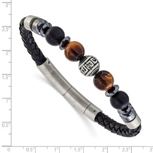 Chisel Stainless Steel Brushed and Onyx and Tiger's Eye Black Leather 8" Plus .5" Ext. Bracelet - 1 of 4
