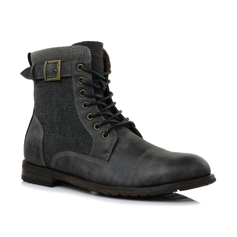 Polar Fox Mens Elijah MPX808566 Duo-Texture Cap-Toe Combat Boots with Zipper Closure, in Charcoal Grey & Herringbone, Size 6.5