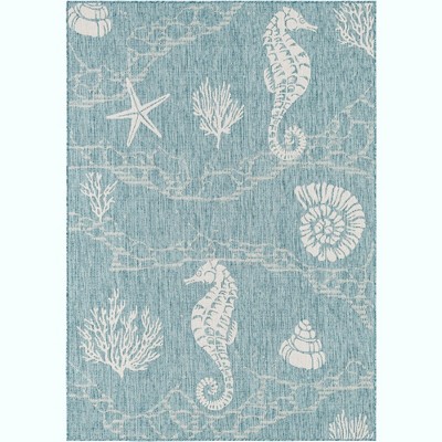 Aqua and Ivory Coastal Synthetic Outdoor Rug, 5' x 8'