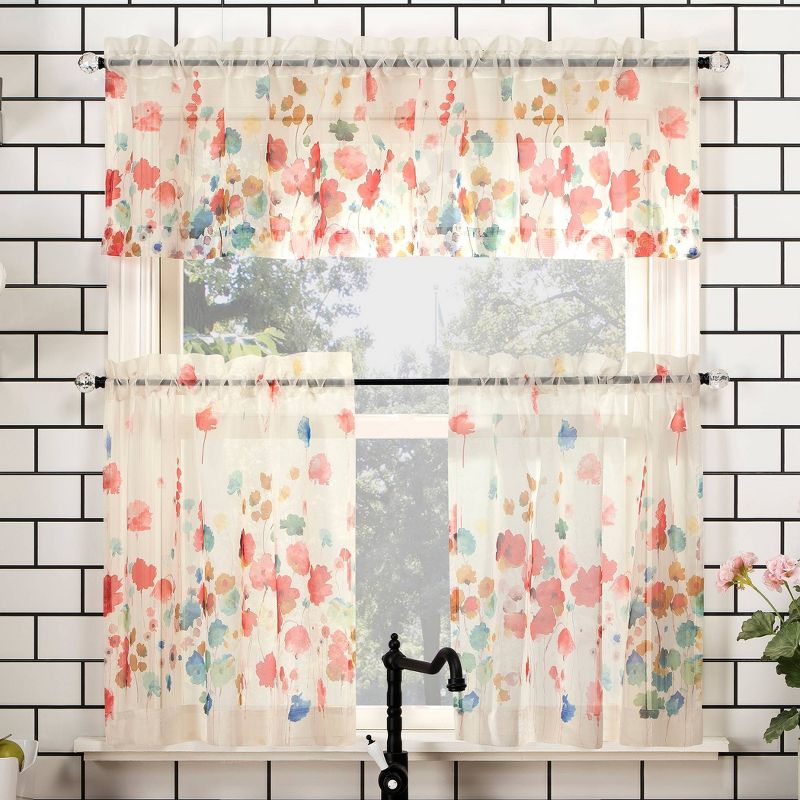 Rosalind Watercolor Floral Semi-Sheer Rod Pocket Kitchen Curtain Valance and Tiers Set Poppy Red - No. 918, 1 of 8