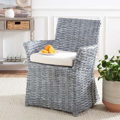 Modern Coastal Cabana Rattan Arm Chair with Beige Cushion - Grey White Wash