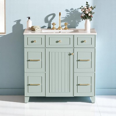 Mshliw Modern 36" Bathroom Vanity with Ceramic Sink, Soft-Close Doors, 4 Drawers & Adjustable Storage Shelf in Green