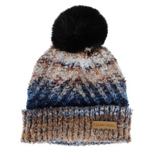 Clear Creek Women's Multi Color Knit Winter Beanie with Synthetic Fur Pom - 1 of 3