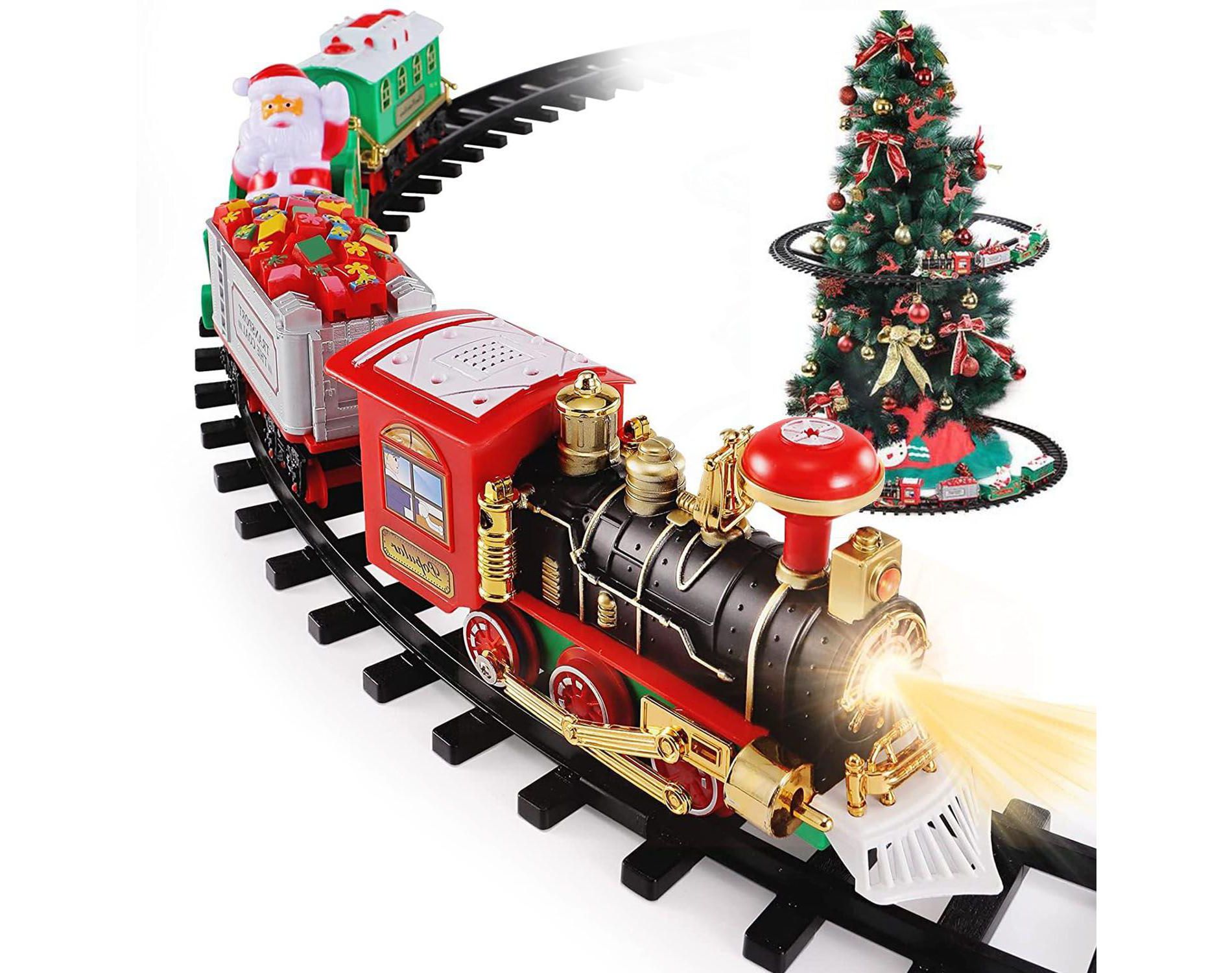 Angel Sar Electric Christmas Train Set with Tree Surround Track, Steam Train with Santa Coach, Sound & Light