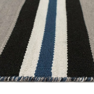Navy and Gray Striped Synthetic Flat Woven Rug