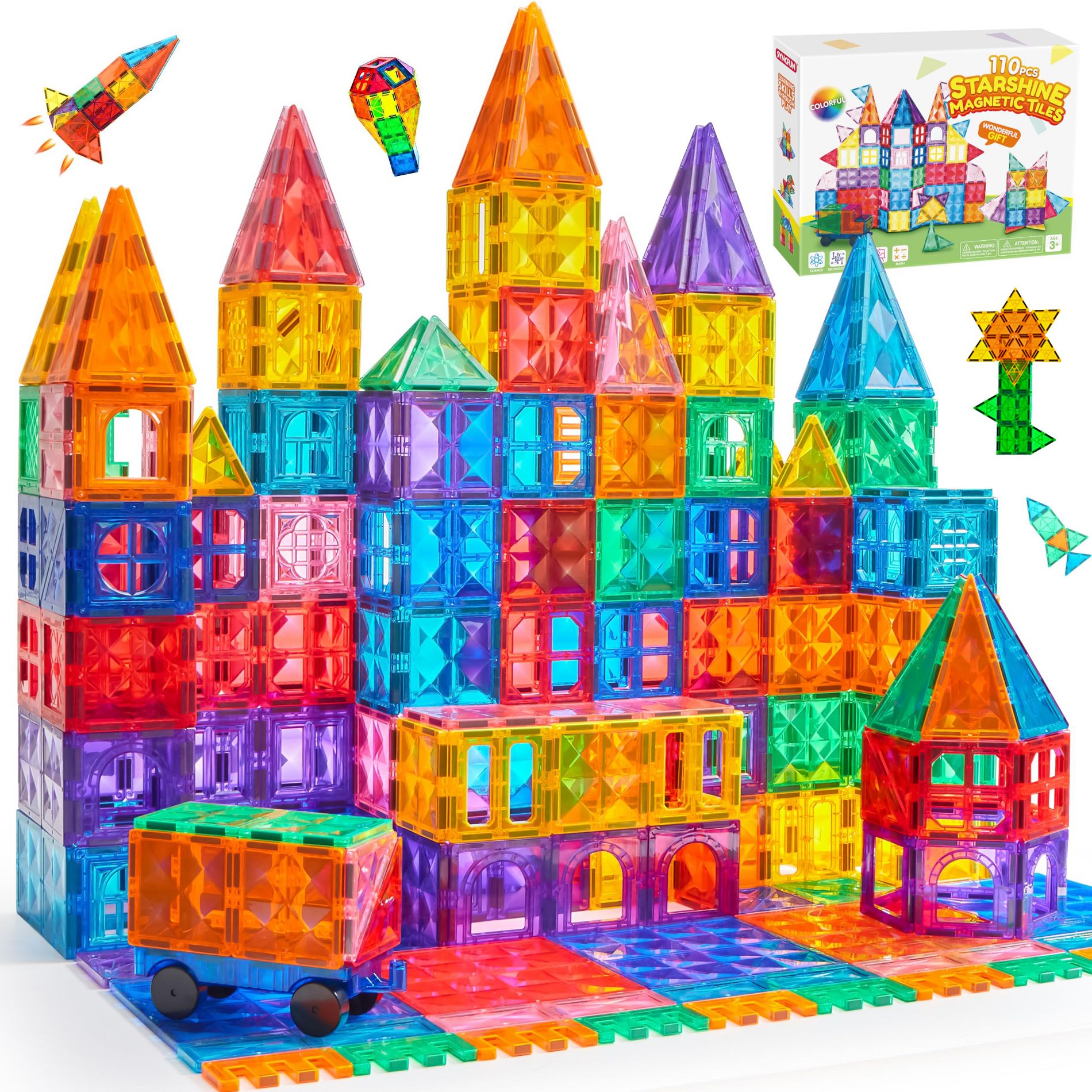 Joyfy 110PCS Magnetic Tiles with Vehicle, 3D Magnet Building Blocks Set Construction STEM Educational Toy for 3 4 5 6 7 8 Year Old Kids Birthday Gift
